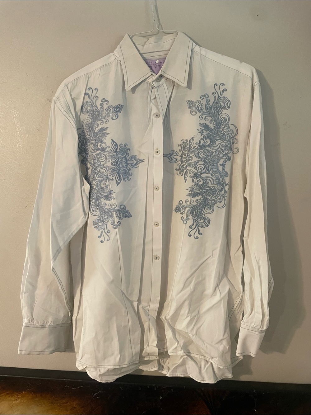 Blue ink White Men's Button-Up long sleeve Shirt Embroidered Detail western XL